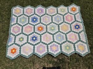 STUNNER Vintage Patchwork Grandmas Flower Garden Quilt Unique Fabrics 87" X 67"